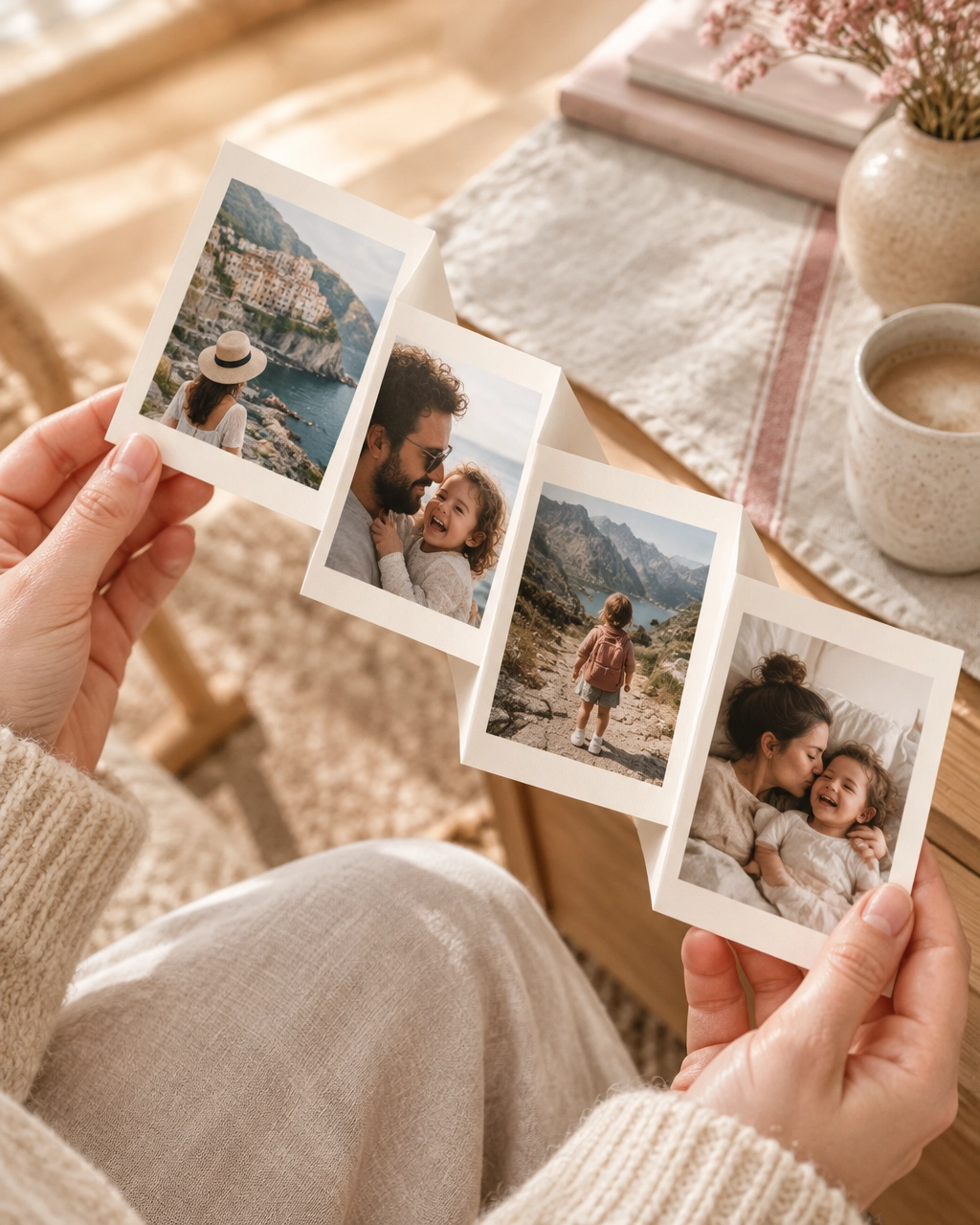 A hand holding open a Bildefald photo leporello in warm natural light