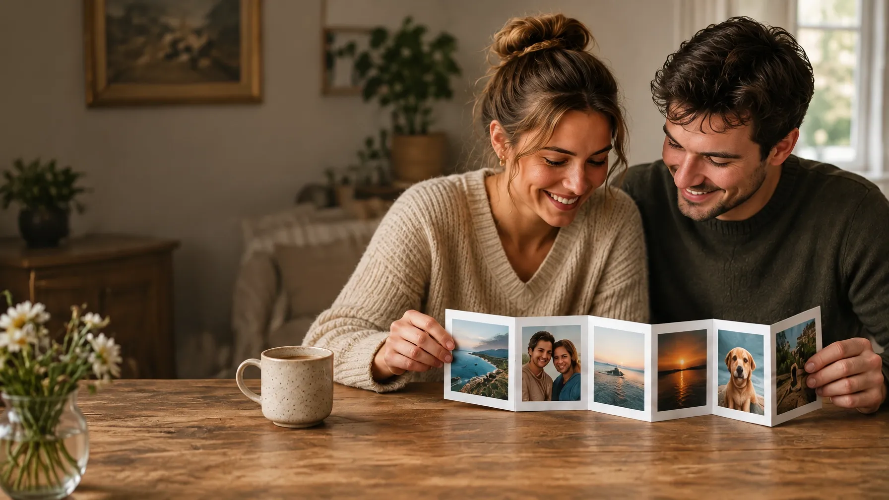 A couple looking through their personal photo leporello together