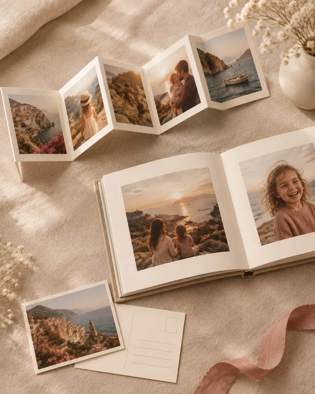 A photo leporello, a bound photo book and a photo postcard shown as separate products
