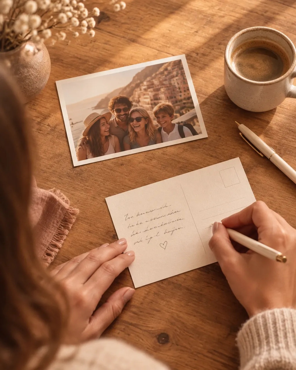 A hand writes a personal message on the back of a photo postcard